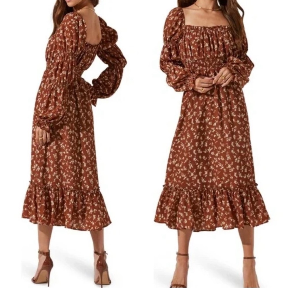 ASTR the Label Caramel Floral Cinched Midi Peasant Dress XS
